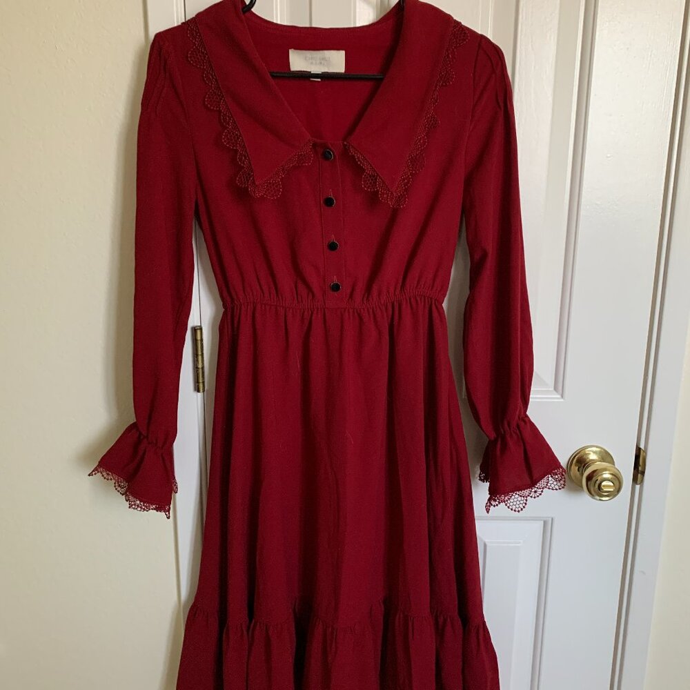 CHIU SHUI Women Elastic Waist Ruffle and Lace Dress, Red, Size S